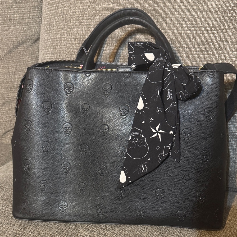 Betsey Johnson Black Skull Satchel with Scarf